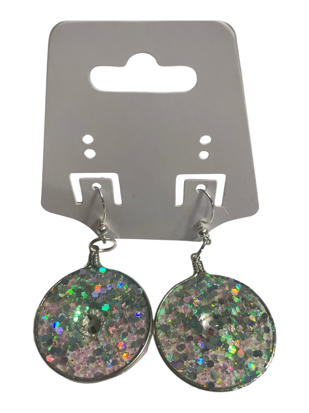 Sparkling Iridescent Disc Drop Earrings - Silver Tone